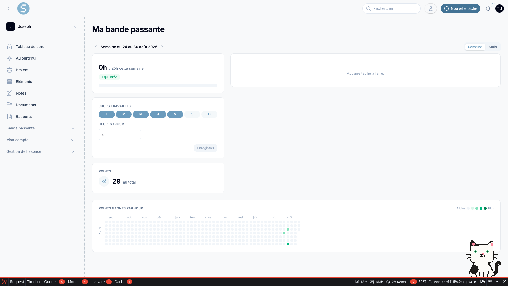 Ma Bande passante — charge de la semaine, jours travaillés, points et calendrier des points gagnés