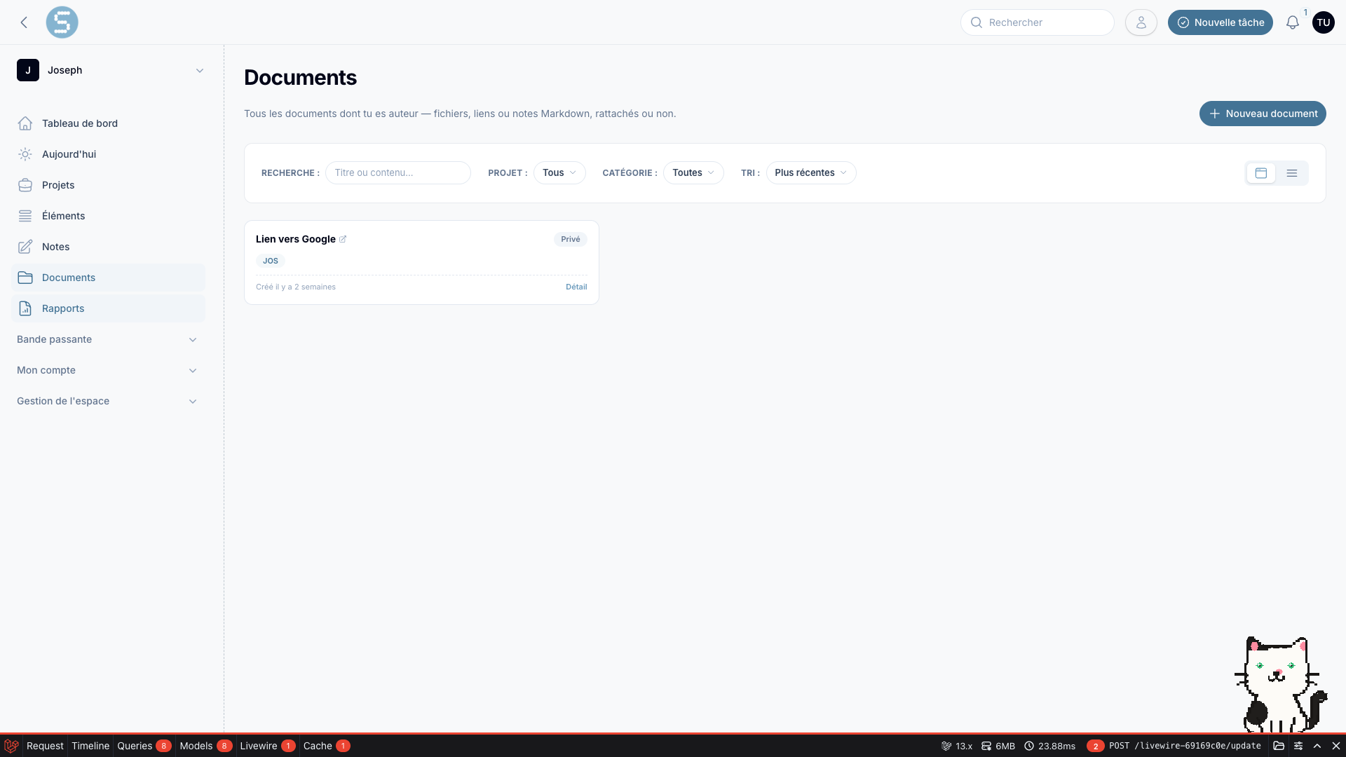 La page Documents — recherche, filtre par projet et catégorie