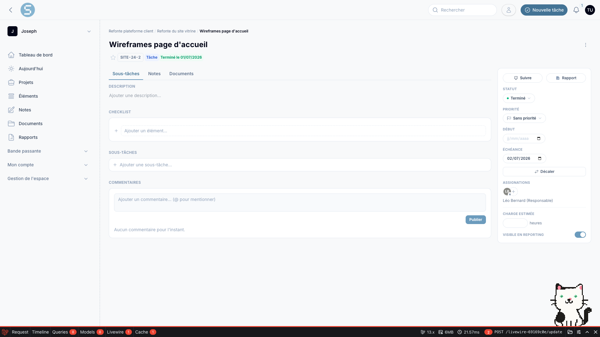 La page dédiée d'un élément — statut, assignations, sous-tâches et commentaires