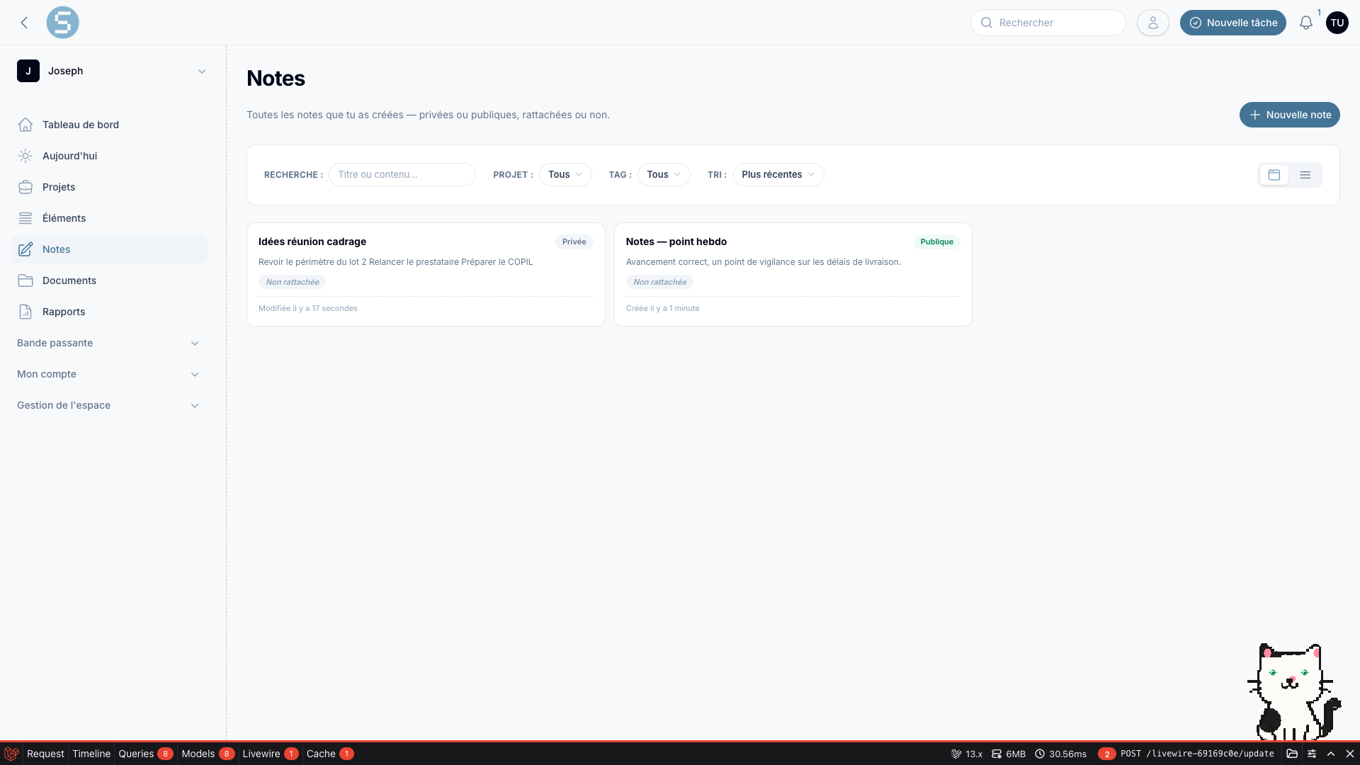La page Notes — recherche, filtre par projet et étiquette