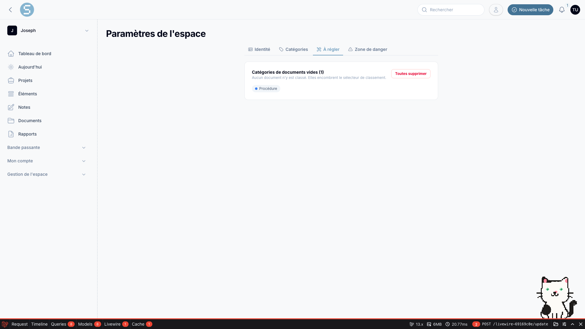 L'onglet « À régler » — ici, une catégorie de documents vide à supprimer