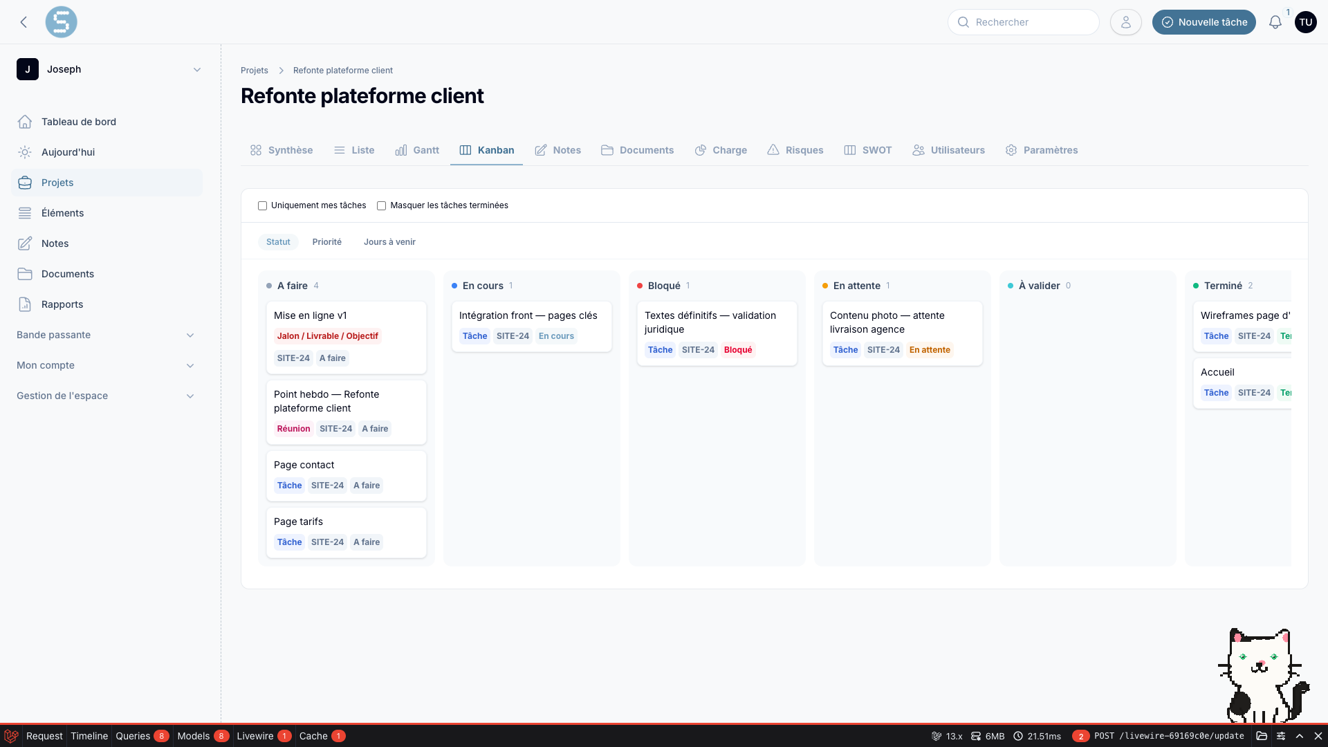 Le Kanban d'un projet, groupé par statut