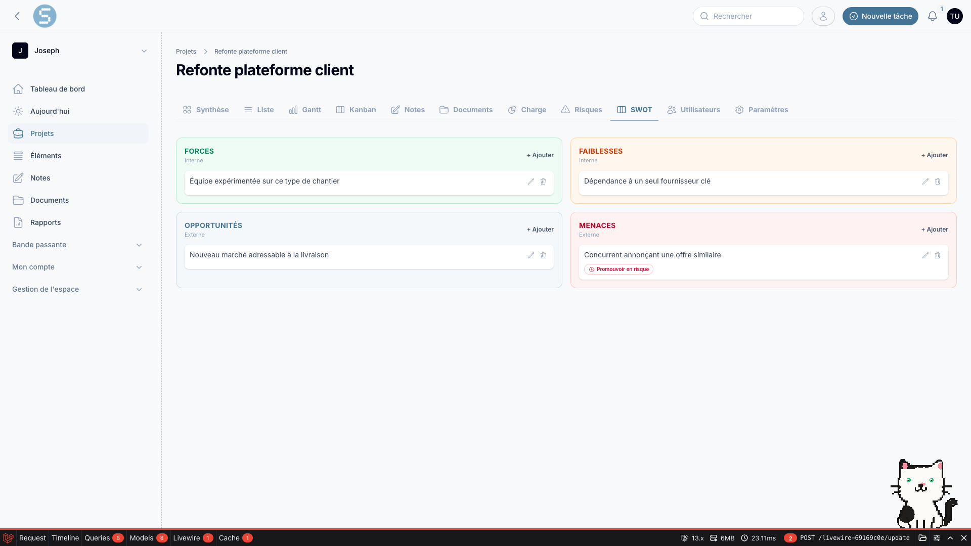 Le tableau SWOT à quatre cases d'un projet